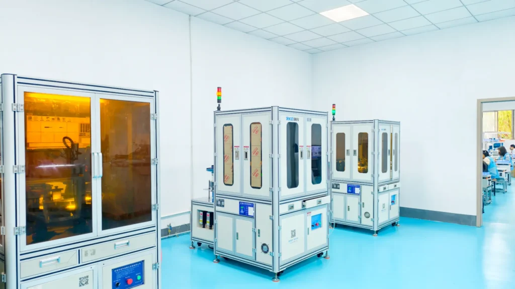 Cleanroom manufacturing equipment setup.